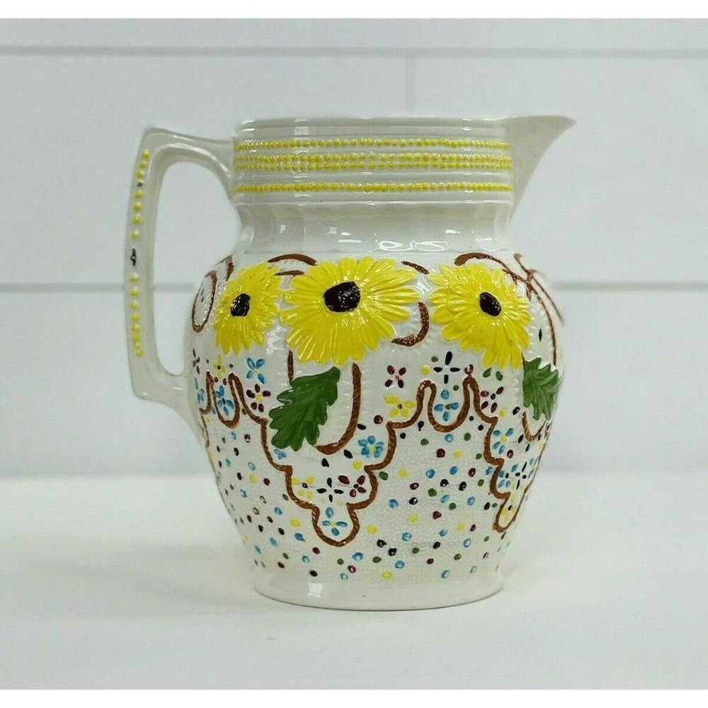 Vintage Studio Pottery Pitcher Multicolored Floral Large Ceramic